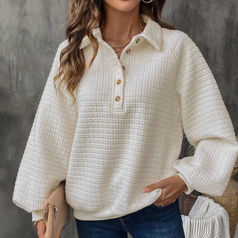 Women's polo collar sweater in solid milky white colour with long sleeves