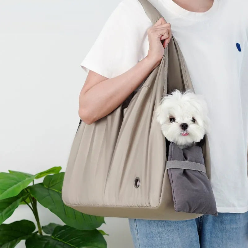 Apricot cloth pet handbag with medium 41cm by 16cm by 28cm dimensions for dogs and cats