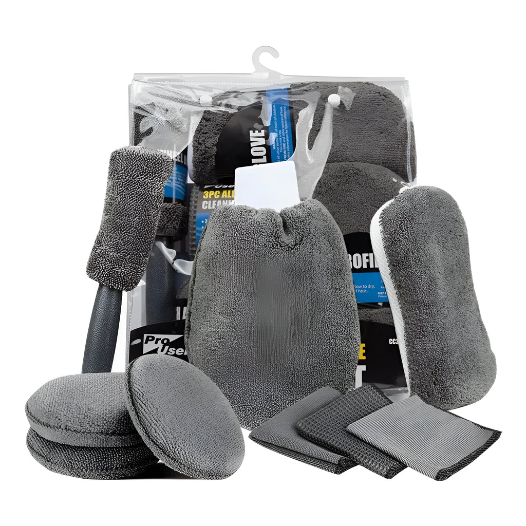 Grey 9-piece car wash set with microfiber sponge, glove, tyre brush, waxing wipes, and towels.