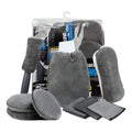 Grey 9-piece car wash set with microfiber sponge, glove, tyre brush, waxing wipes, and towels.