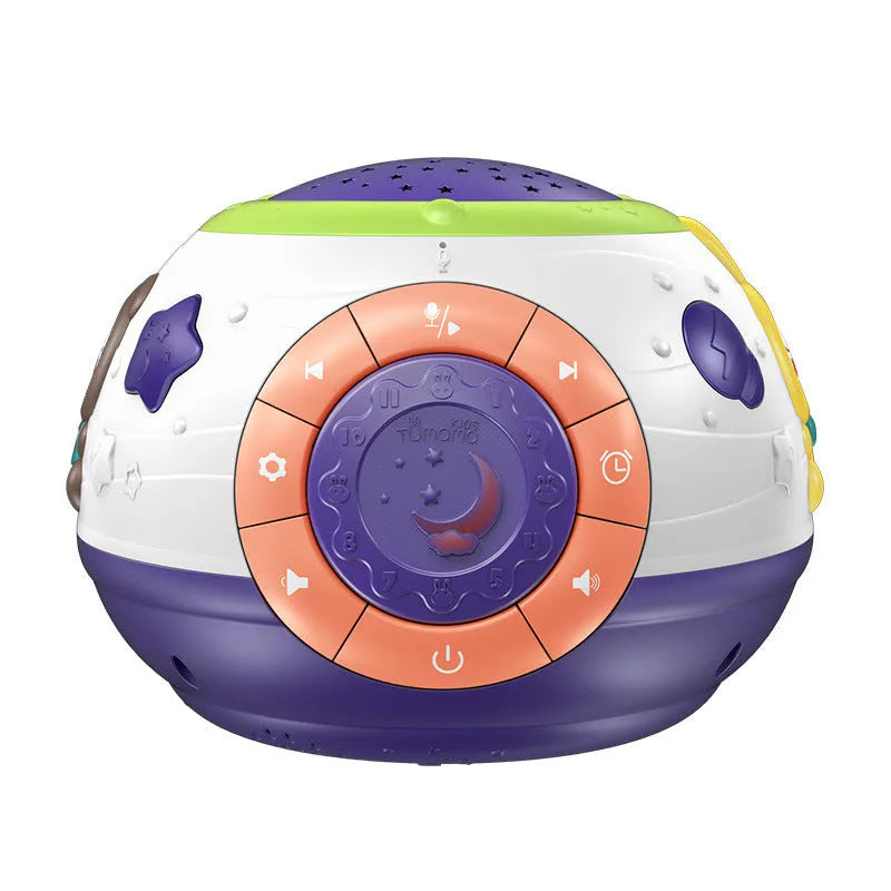 White starry sky night light projector for children on a table, showing colourful light projection.