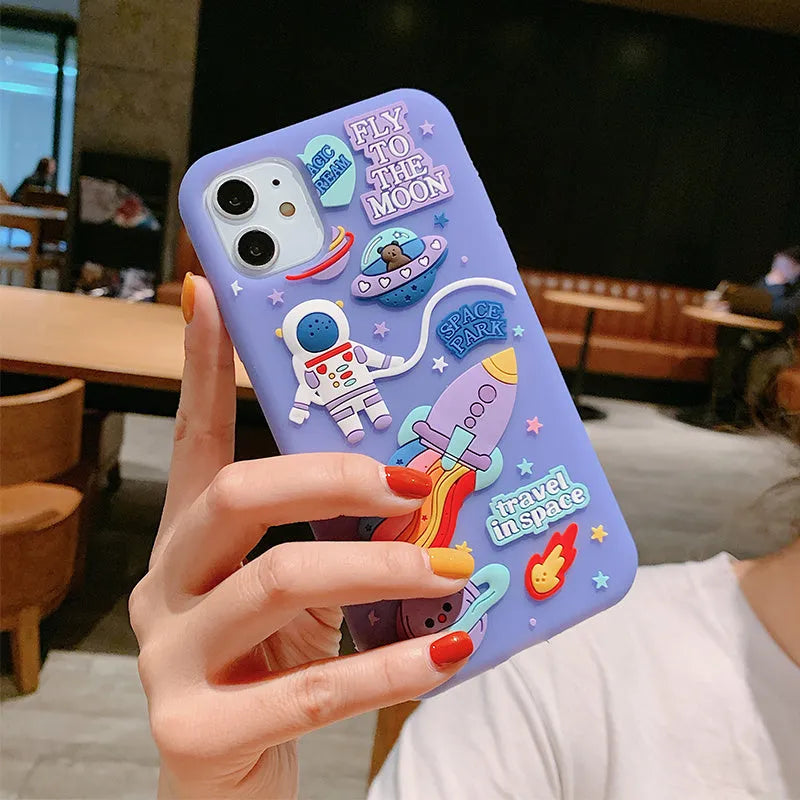 Purple silicone iPhone case with cartoon astronaut design for iPhone 11, XR and XS Max models