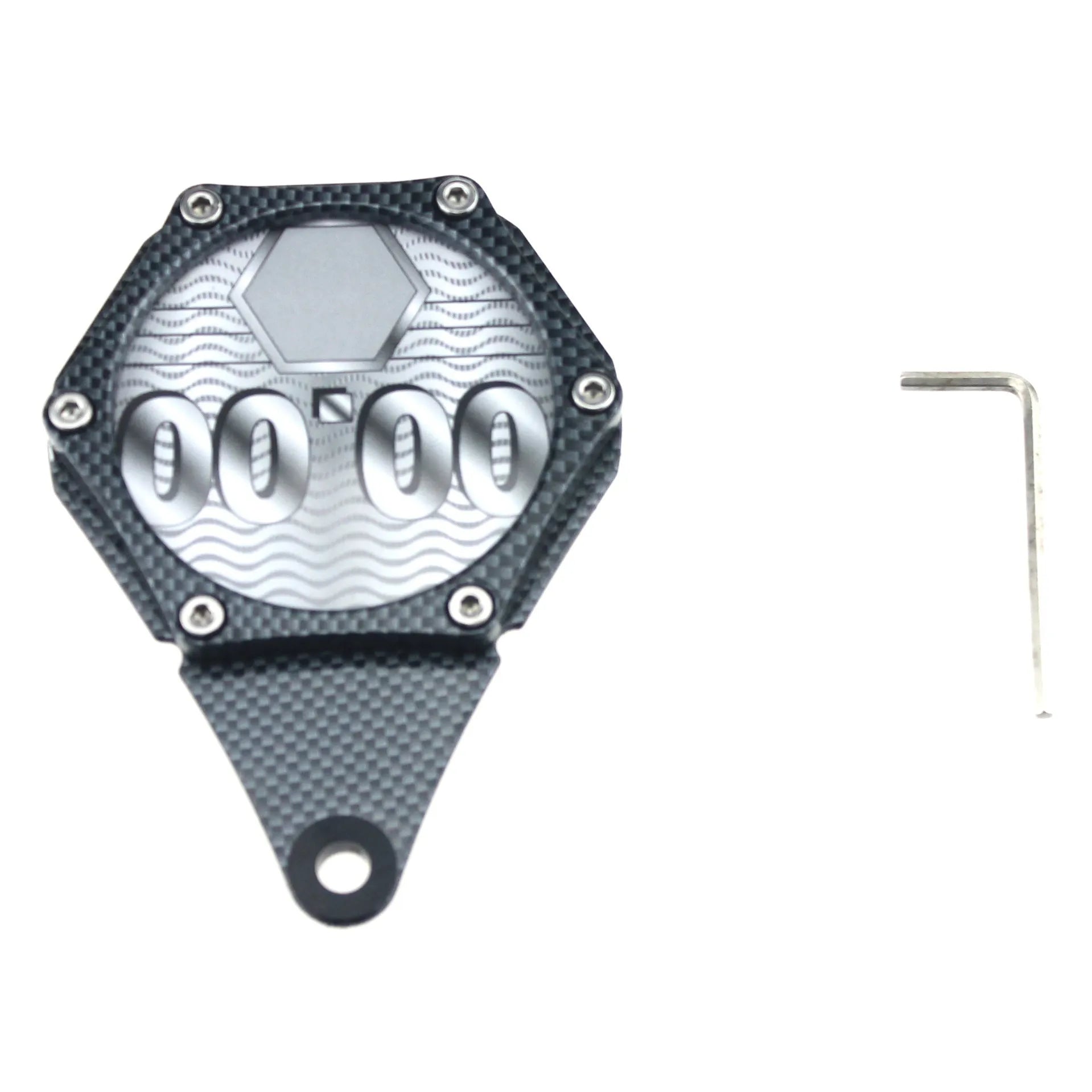 Black carbon fibre pattern aluminium alloy motorcycle tax disc holder with waterproof seal