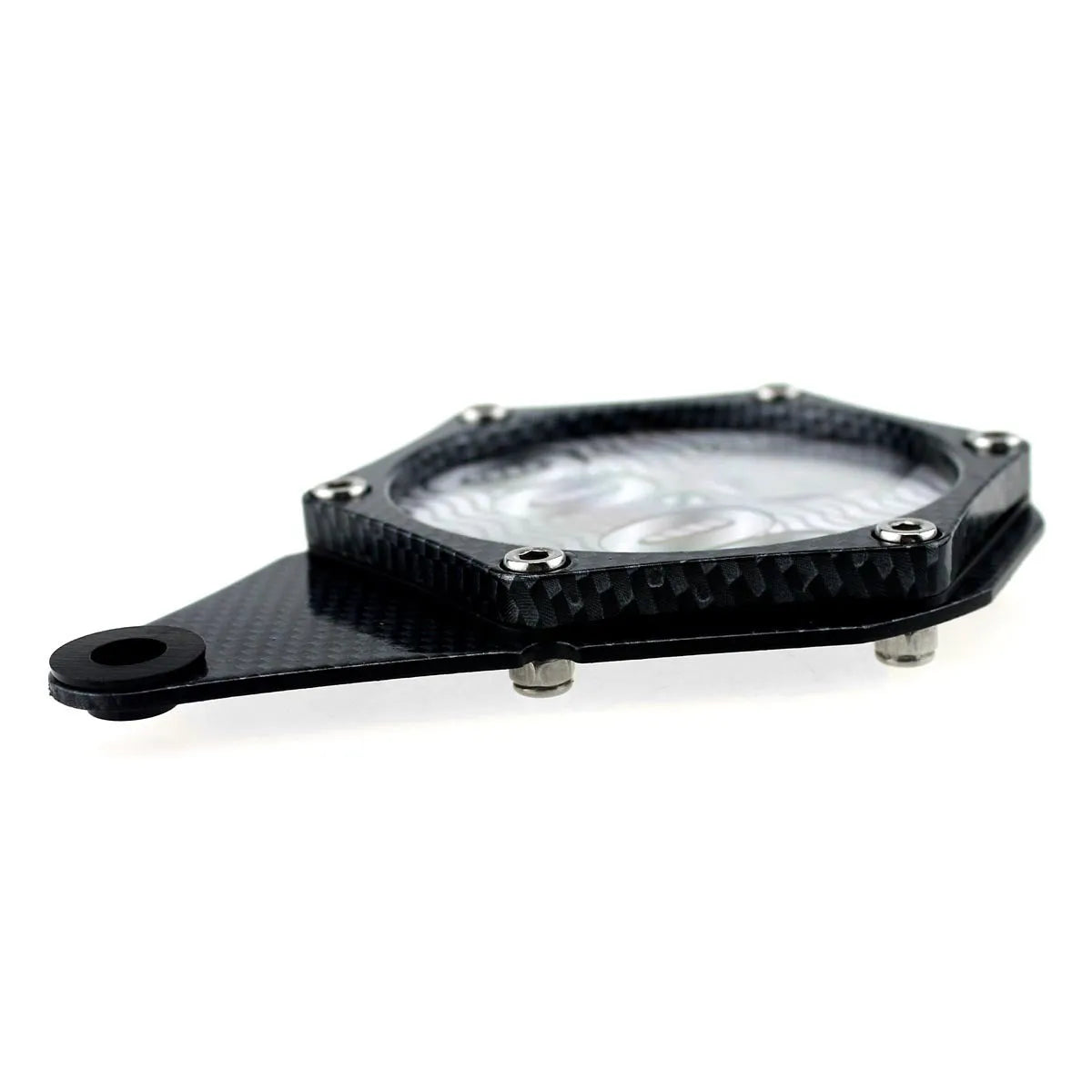 Black carbon fibre pattern aluminium alloy motorcycle tax disc holder with waterproof seal