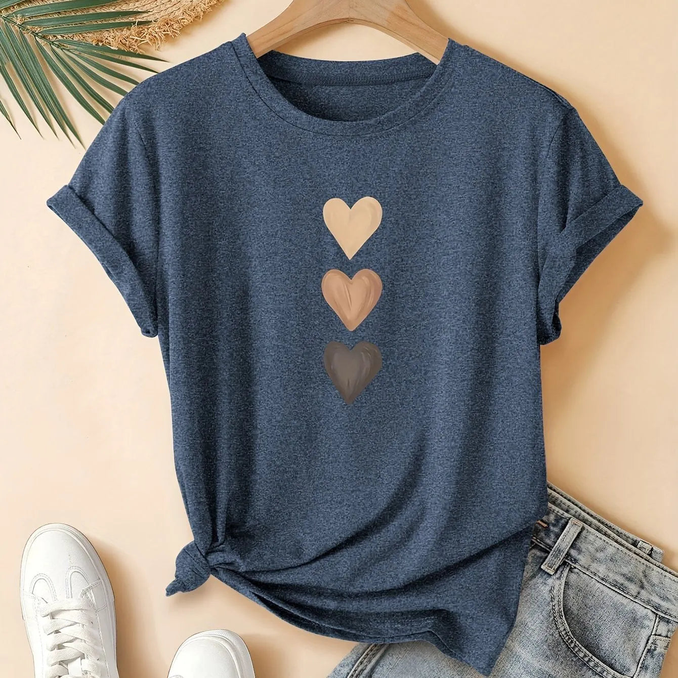 Women's pure cotton short sleeve round neck t-shirt in art retro style, shown in multiple solid colours.