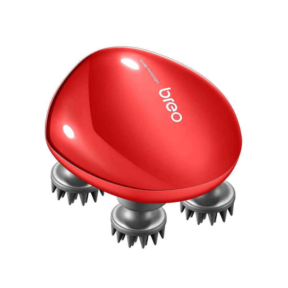 Red handheld electric scalp massager with silicone nodes, showing dimensions 110mm by 120mm.