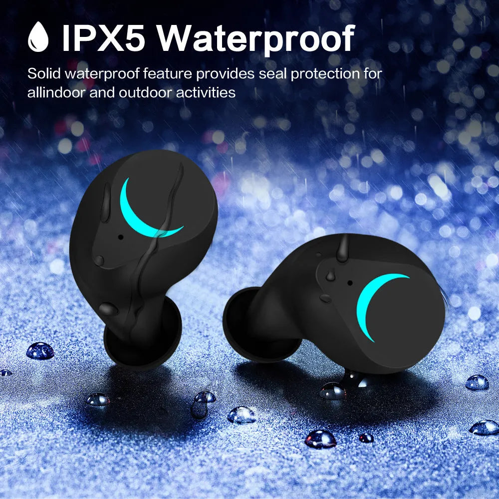 Black TWS Bluetooth headset with earplug design showing wireless earbuds