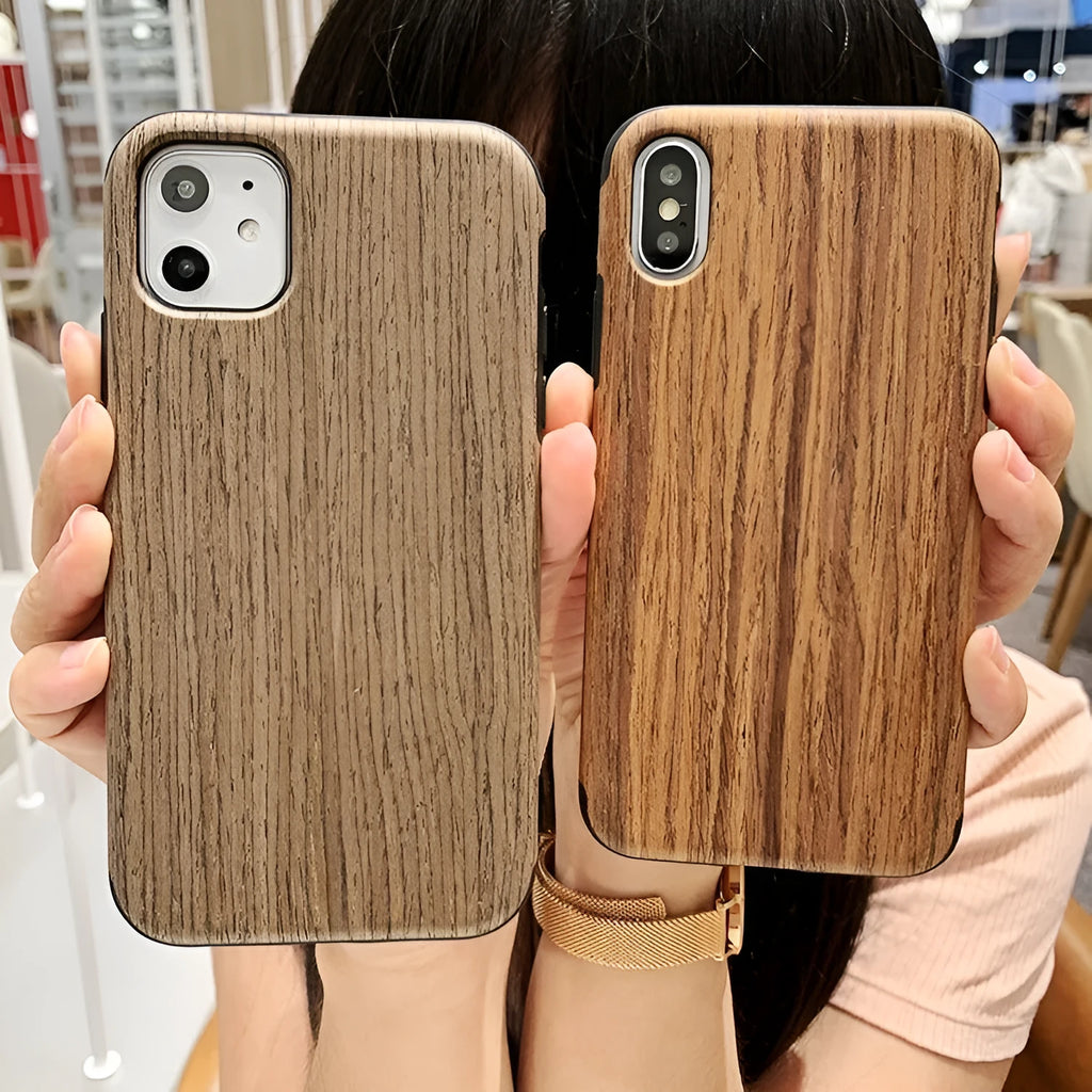 Slim wooden back cover case for iPhone showing natural rosewood grain texture.