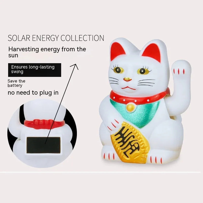 Solar-powered yellow Maneki Neko lucky cat decoration waving its arm