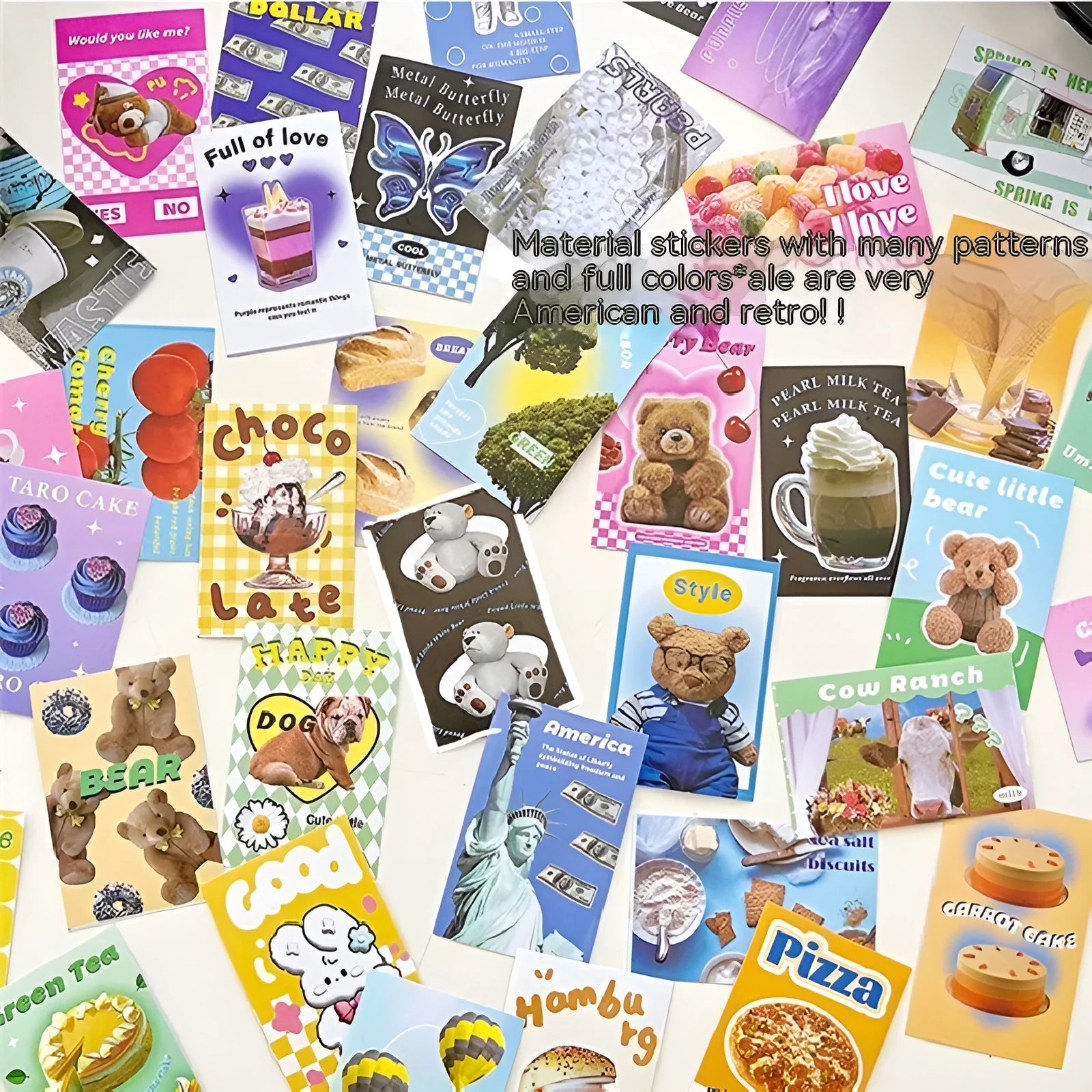 Cartoon mini sticker book open showing 4x6cm adhesive sheets in various colours on copper board paper.