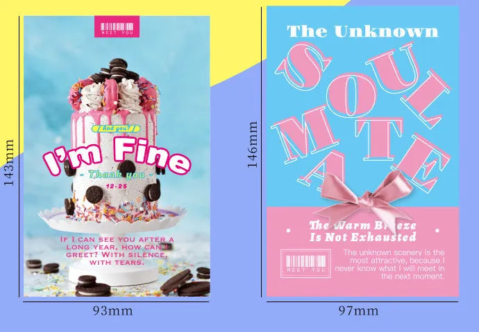 Two postcard designs showing the messages 'Time Not Arrived' and 'Warm Wind Not Exhausted' in a fresh style.