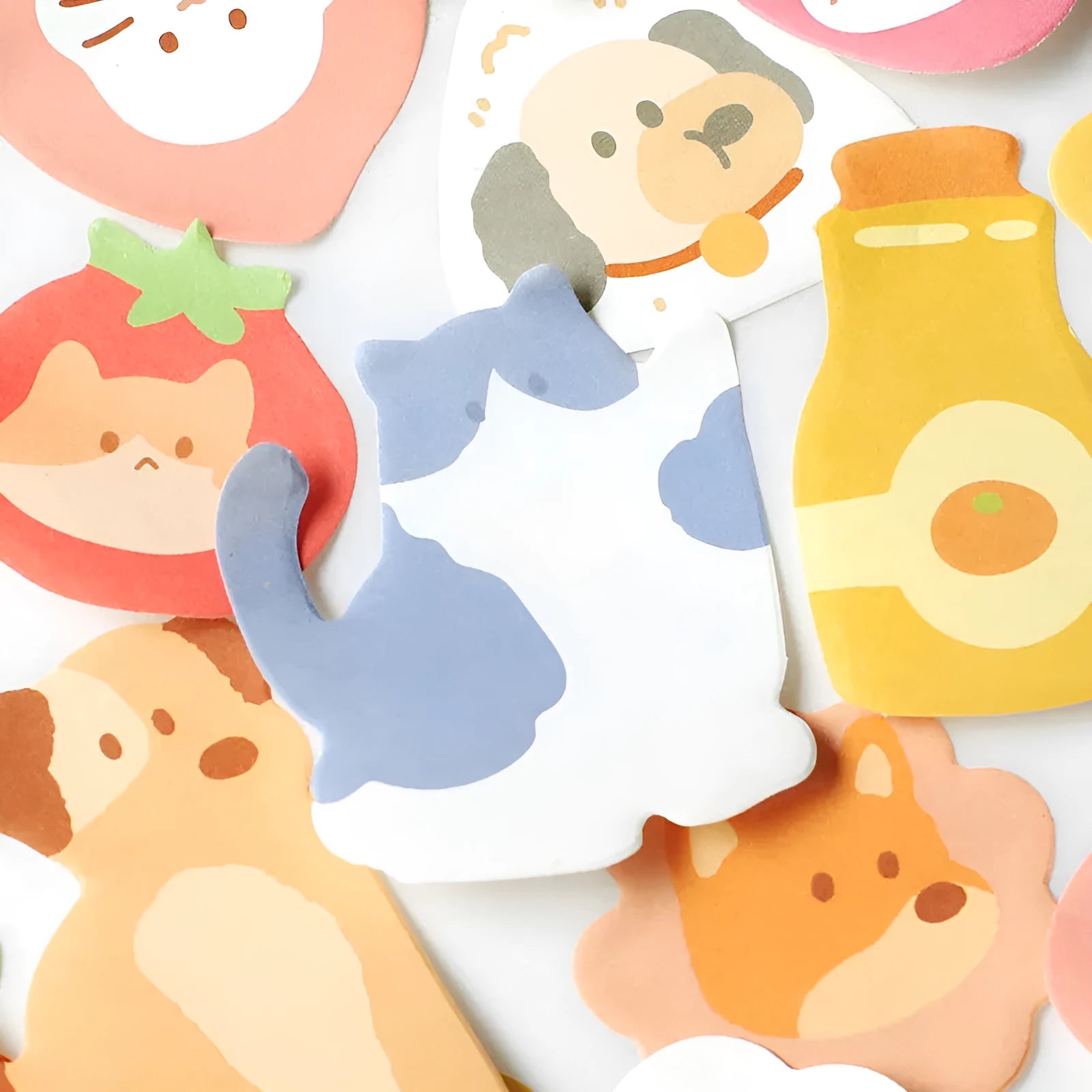 Animal-shaped sticky note set showing six cute designs including bunny, kitten, puppy and sea otter themes