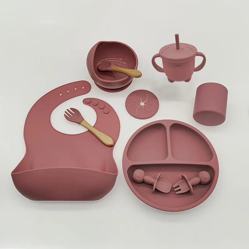 Baby silicone tableware set 10-piece simple style dark pink