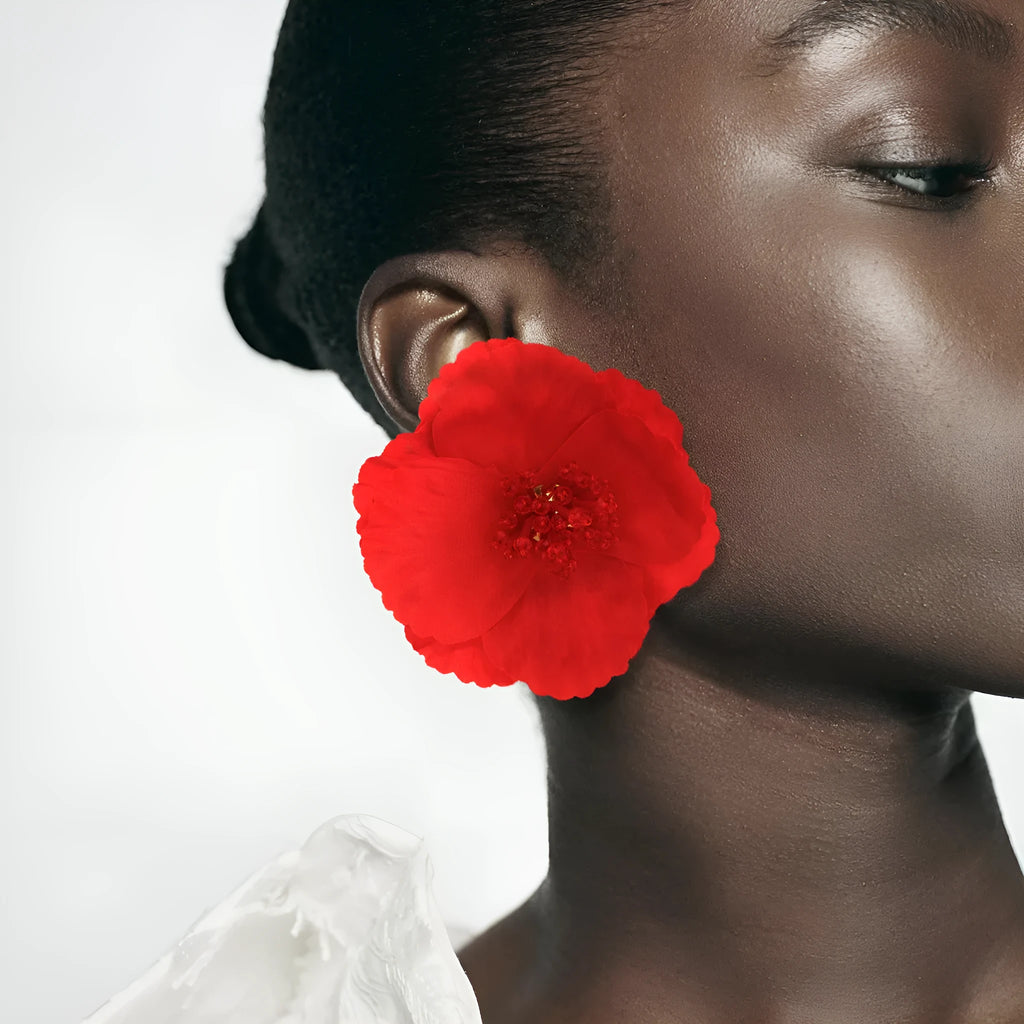 Handmade earrings exaggerated flower shape red steel needle European style women