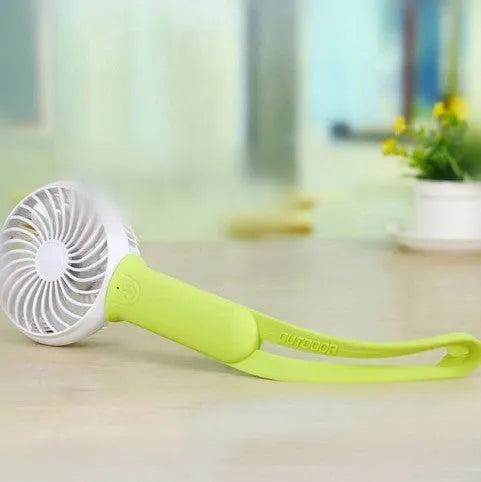 200mm mini USB hand fan with rechargeable battery in blue, green, grey, or pink colours showing adjustable speed controls