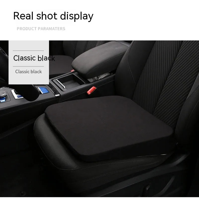Black car seat cushion with dimensions 42x39x6cm on vehicle seat