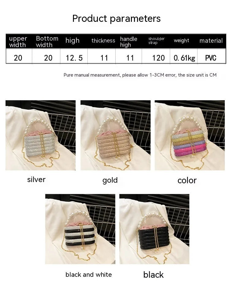Women's European retro style crossbody bag with pearl bead embellishments and soft PU construction in round suitcase shape