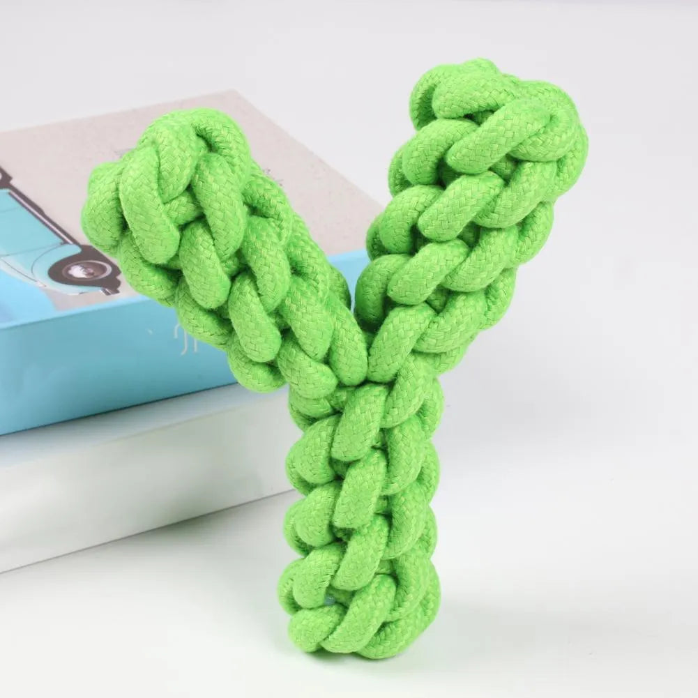 Blue Y-shaped cotton rope dog chew toy for large dogs showing dental health design