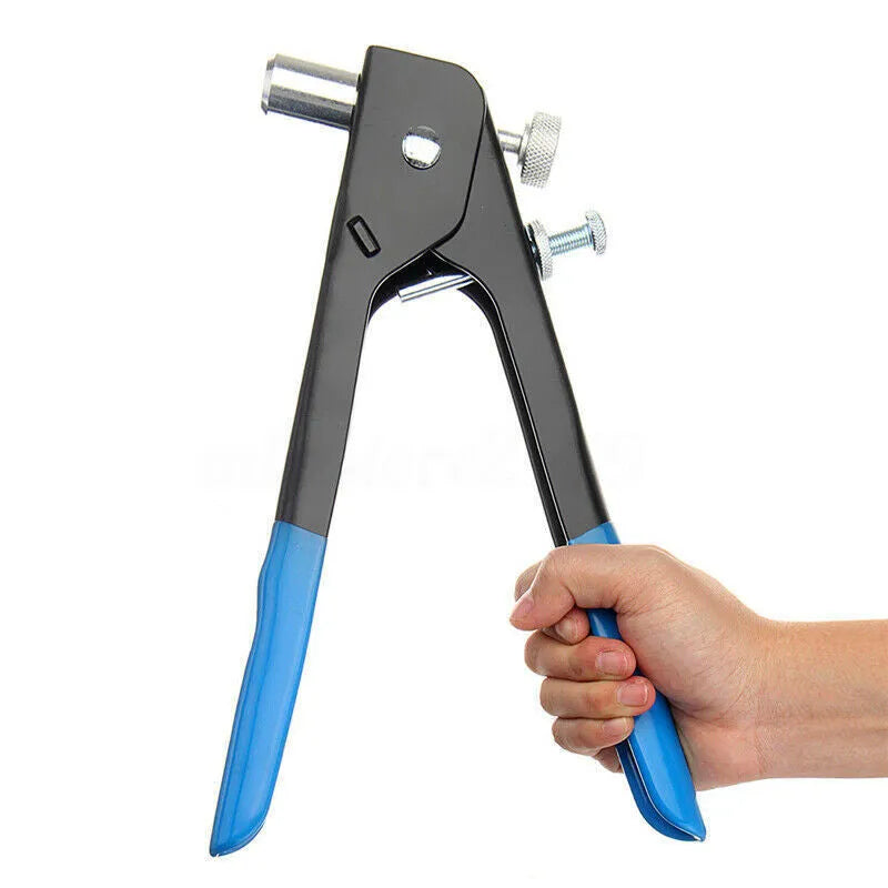 Alloy steel hand-held manual riveter tool with a selection of aluminium blind rivet nuts.