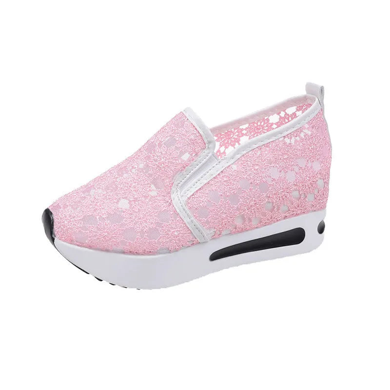 Women's lace mesh flat shoes with inner heightened platform, round toe, satin upper, available in pink and white