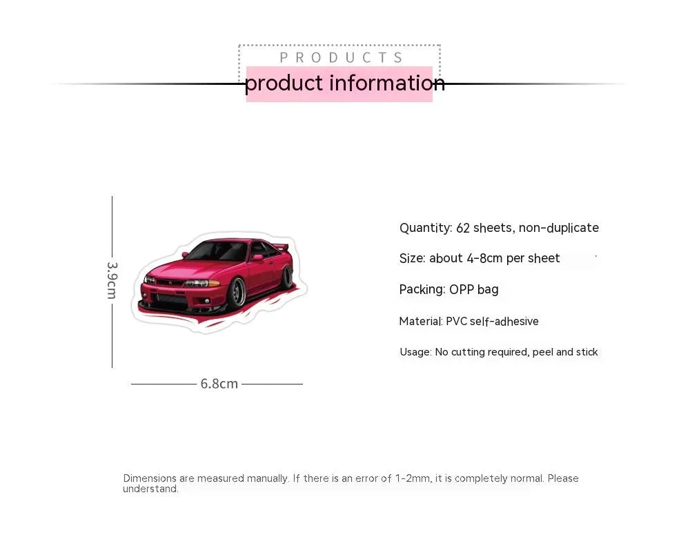 Set of 60 individual sports car graffiti design vinyl stickers scattered, showing variation in design.