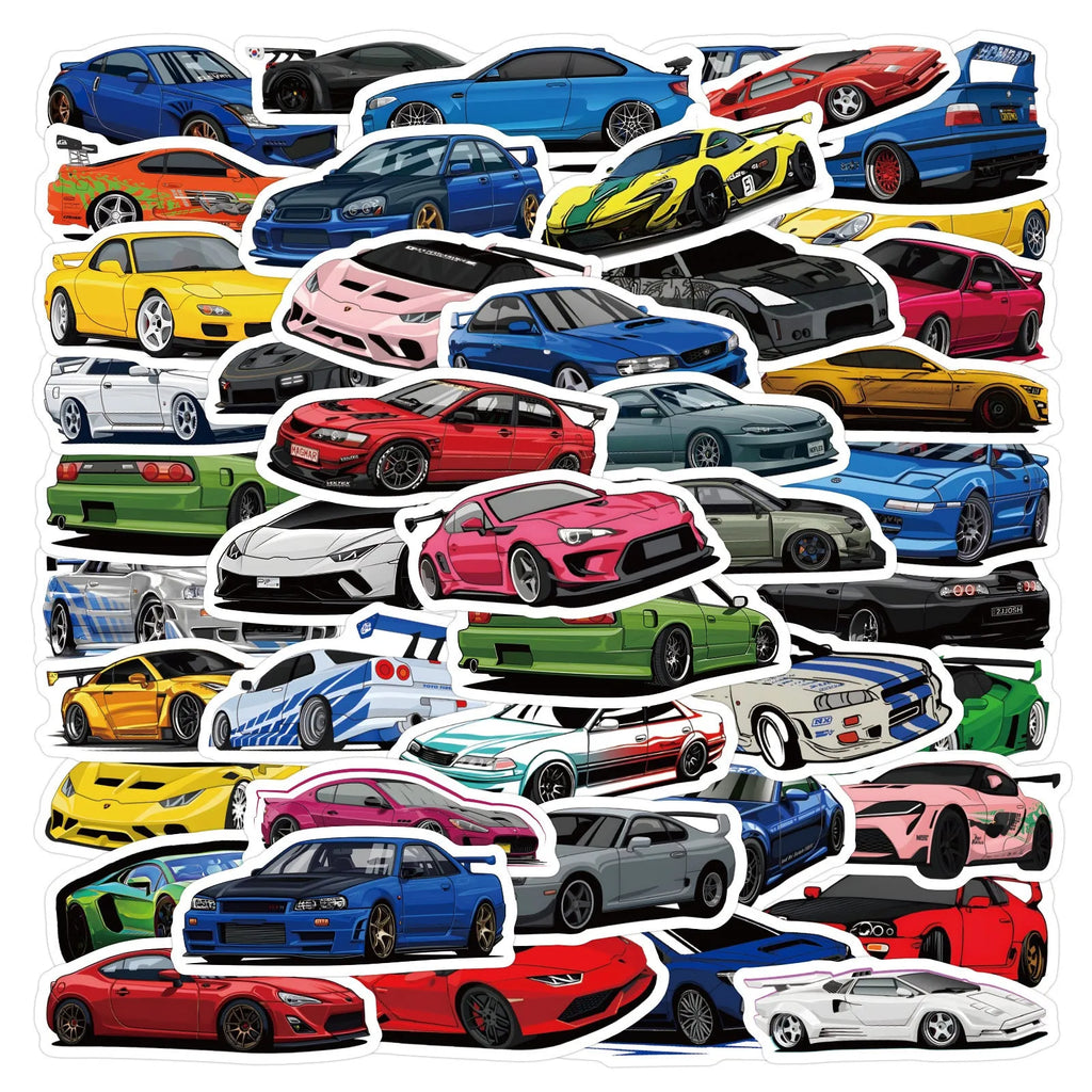 Set of 60 individual sports car graffiti design vinyl stickers scattered, showing variation in design.