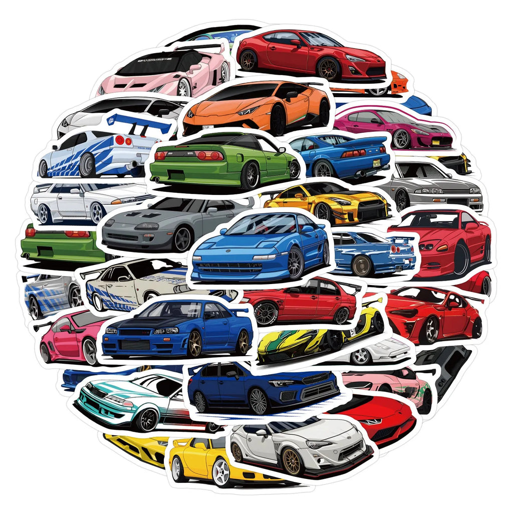 Set of 60 individual sports car graffiti design vinyl stickers scattered, showing variation in design.