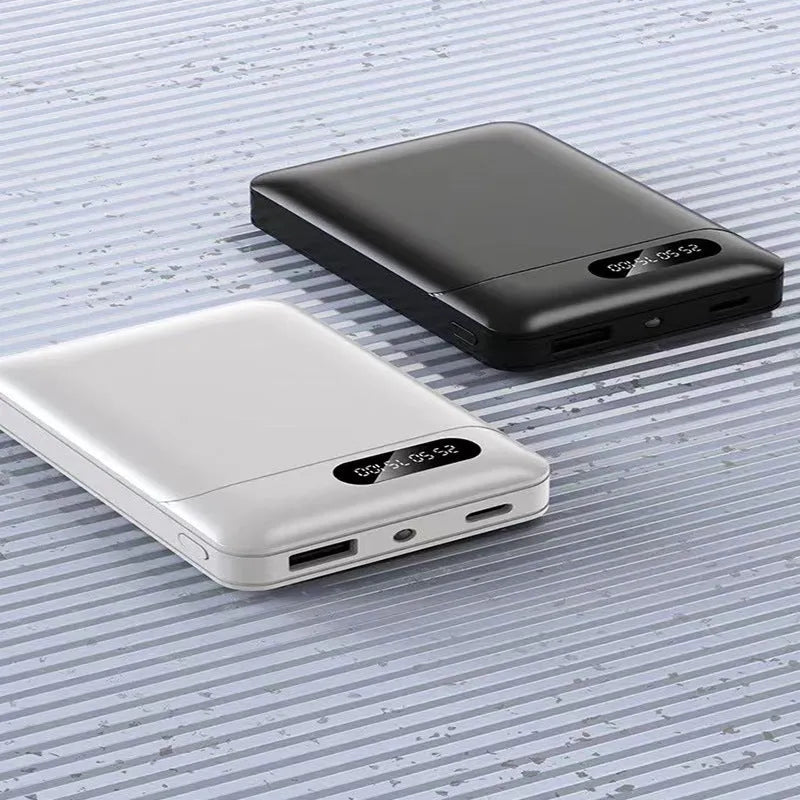 White and black portable power bank with 10000 mAh capacity and multiple USB charging ports