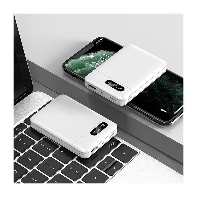White and black portable power bank with 10000 mAh capacity and multiple USB charging ports