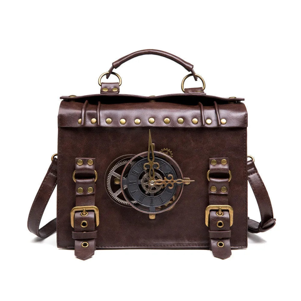 Bronze steampunk shoulder bag with textured PU, metal hardware, and square pillow shape.