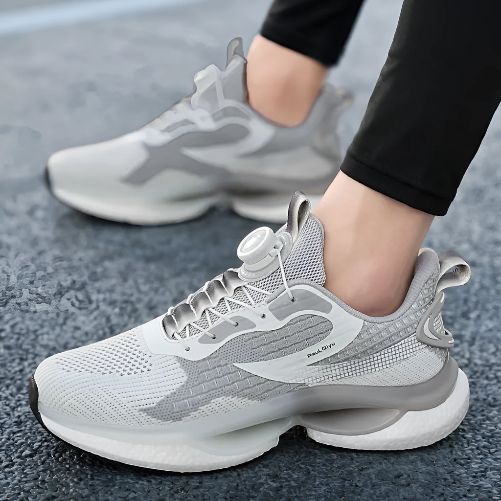 Rotating buckle running shoes in white with breathable mesh upper and low-top design