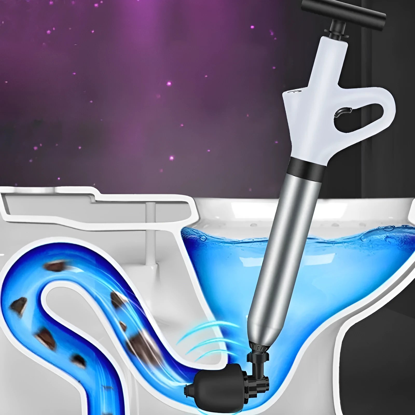 Toilet dredger with stainless steel air cylinder, nylon handle, and plastic attachments for household drains