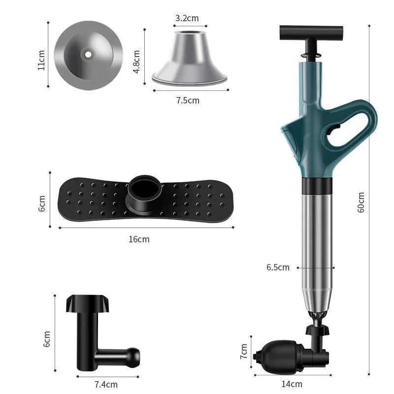 Toilet dredger with stainless steel air cylinder, nylon handle, and plastic attachments for household drains