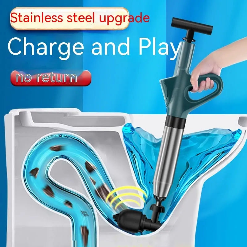 Toilet dredger with stainless steel air cylinder, nylon handle, and plastic attachments for household drains
