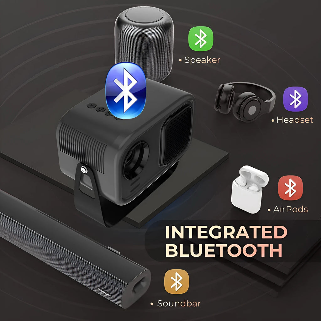 Black portable HD projector with Android OS showing 1280x720 resolution display
