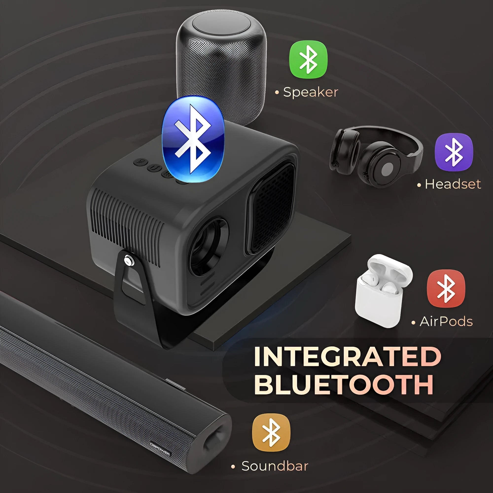 Black portable HD projector with Android OS showing 1280x720 resolution display