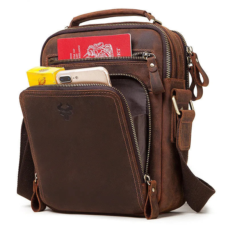 Men's brown Crazy Horse leather crossbody bag with single-shoulder design and visible sewing lines
