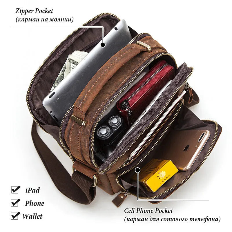 Men's brown Crazy Horse leather crossbody bag with single-shoulder design and visible sewing lines