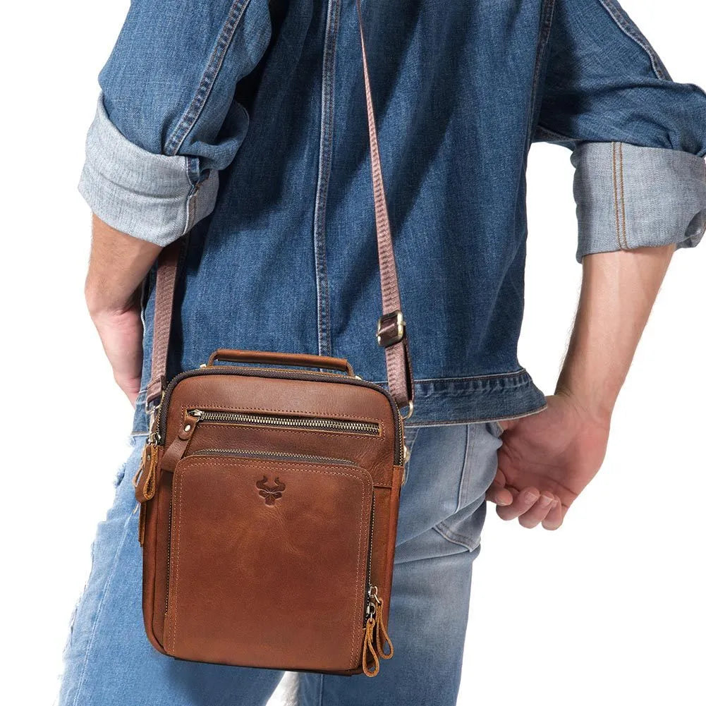 Men's brown Crazy Horse leather crossbody bag with single-shoulder design and visible sewing lines
