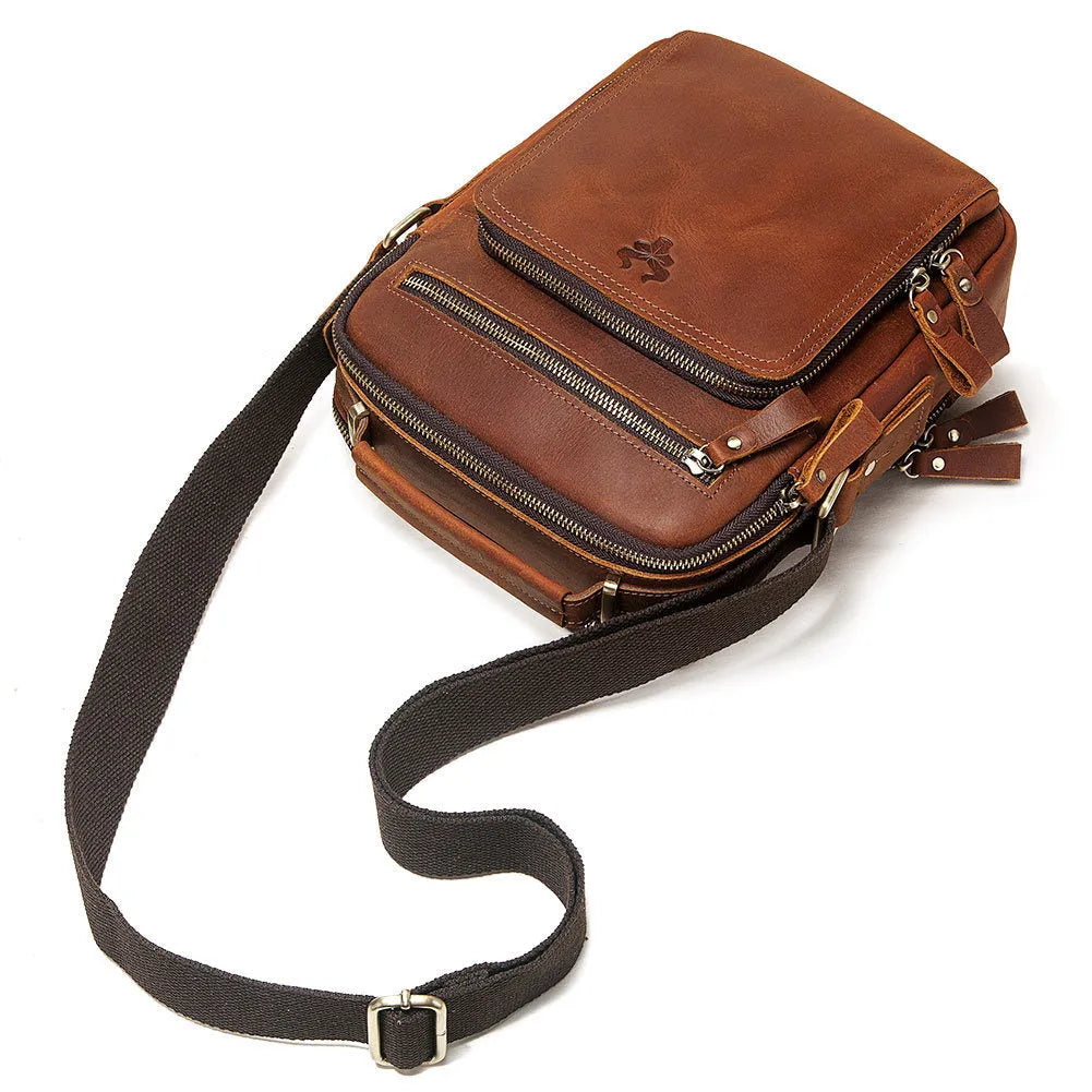 Men's brown Crazy Horse leather crossbody bag with single-shoulder design and visible sewing lines