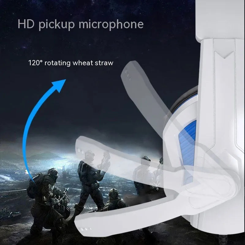 White and blue wired gaming headset with microphone, 40mm driver, 3.5mm plug, and PVC cable