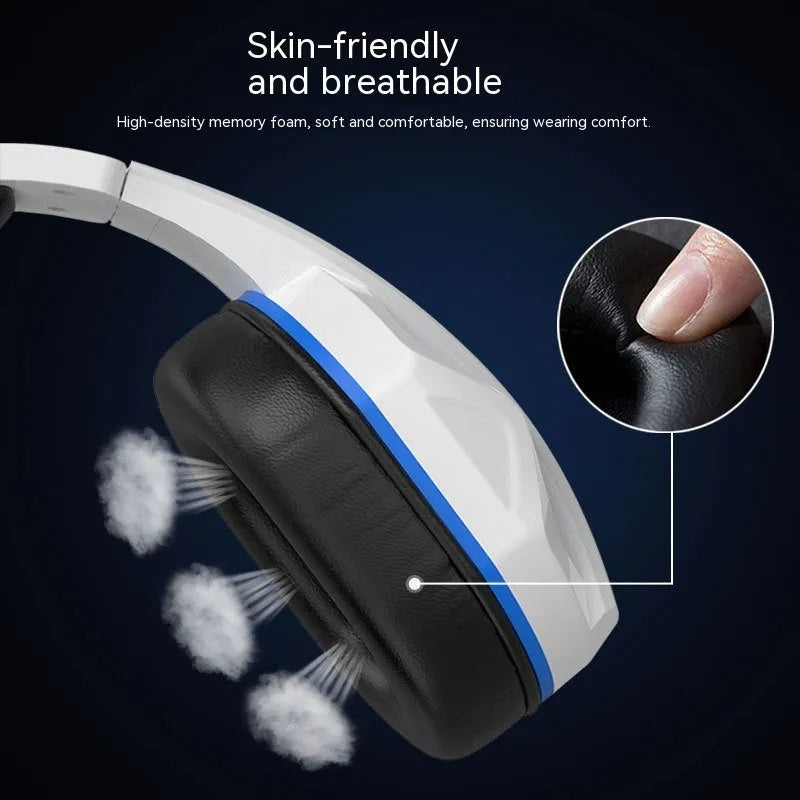 White and blue wired gaming headset with microphone, 40mm driver, 3.5mm plug, and PVC cable