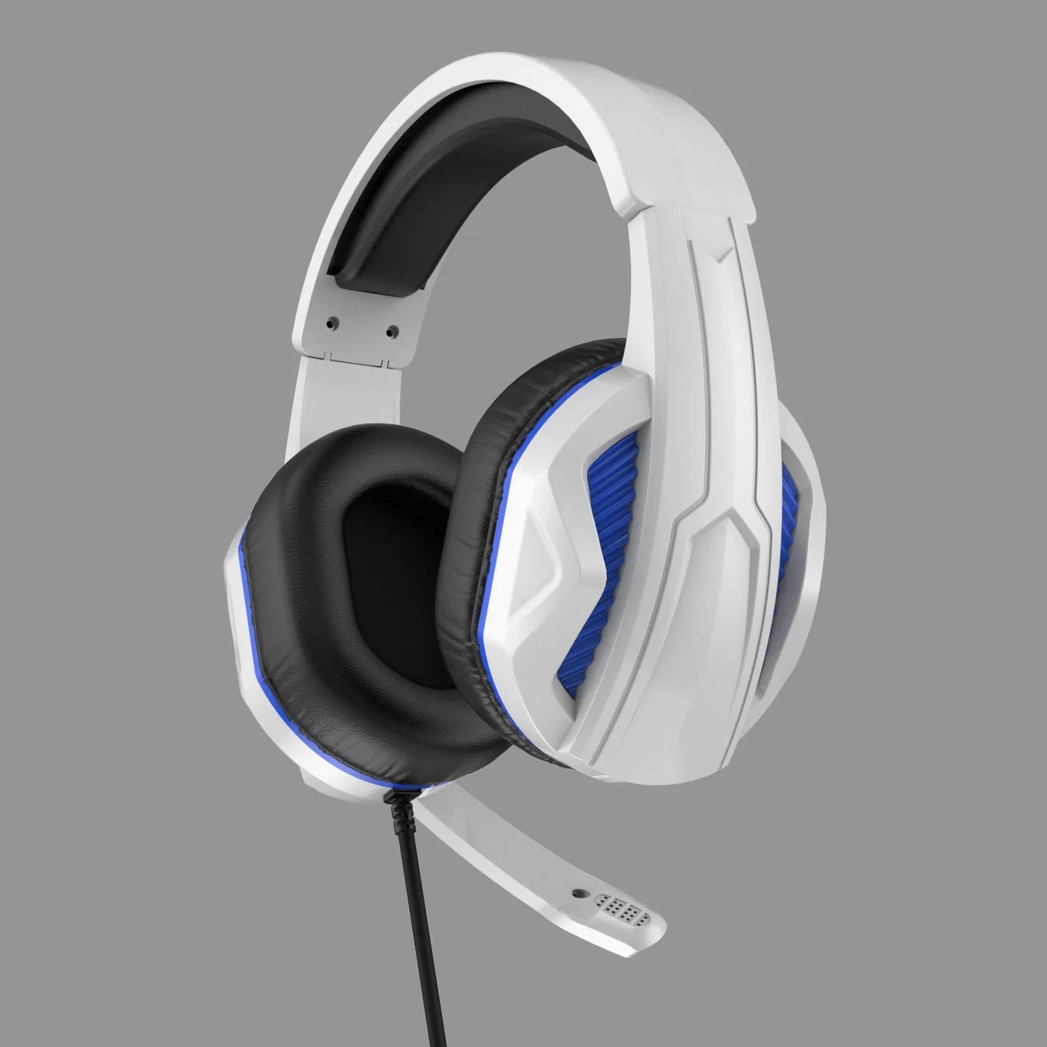White and blue wired gaming headset with microphone, 40mm driver, 3.5mm plug, and PVC cable