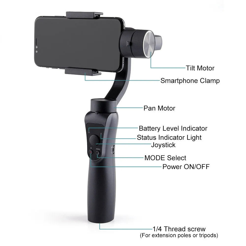 Black handheld 3-axis motorised gimbal stabiliser for mobile phones on a dark background.
