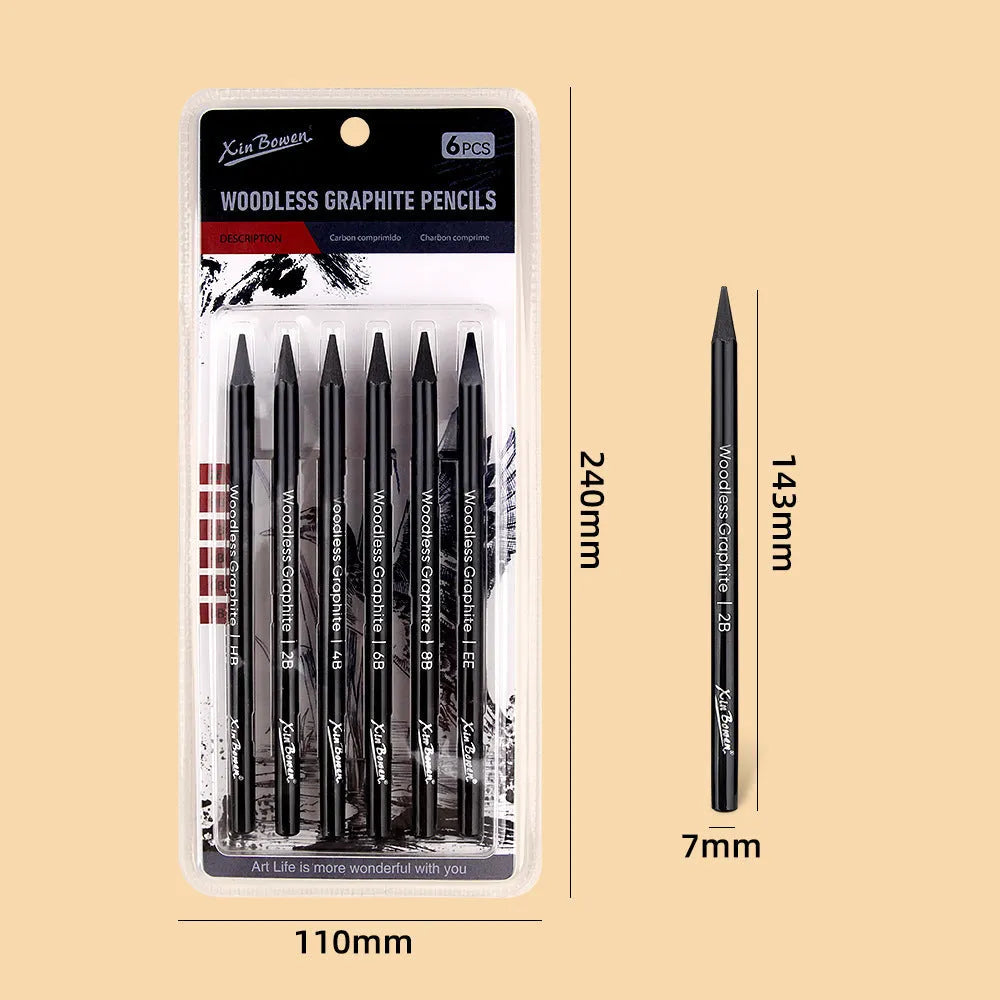 Graphite sketching pencil set with wood-free construction and six hardness grades