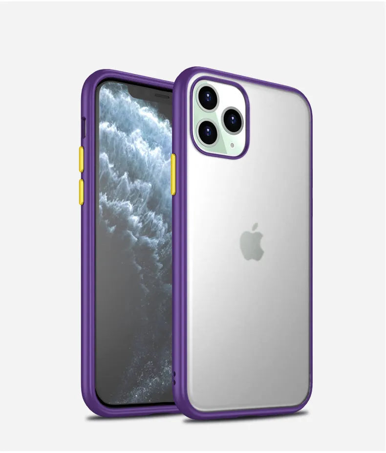 Frosted TPU phone case with scratch-resistant PC back in black, green, purple, and red colours