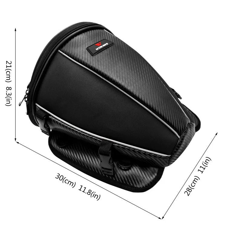Black waterproof motorcycle seat bag with reflective strips, measuring 30x28x21cm with convertible crossbody strap