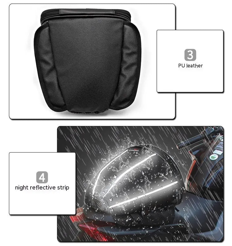Black waterproof motorcycle seat bag with reflective strips, measuring 30x28x21cm with convertible crossbody strap