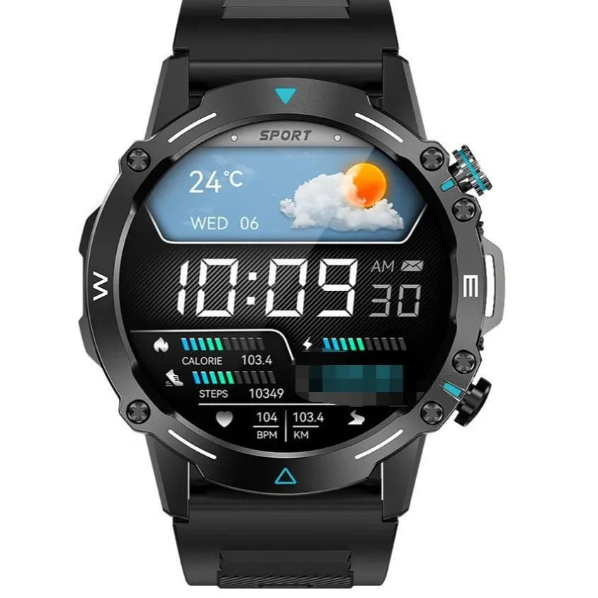 M42 smart watch in black on a wrist, showing the large AMOLED screen displaying fitness metrics