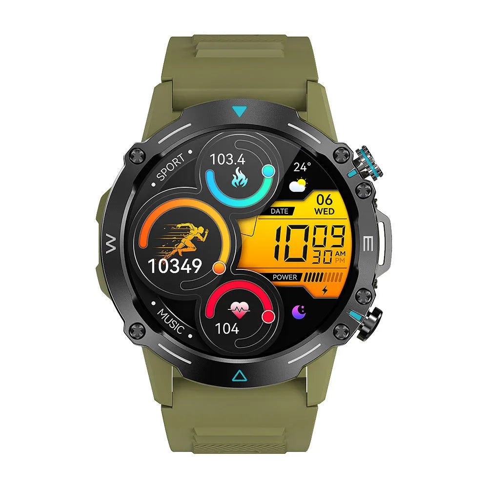 M42 smart watch in black on a wrist, showing the large AMOLED screen displaying fitness metrics
